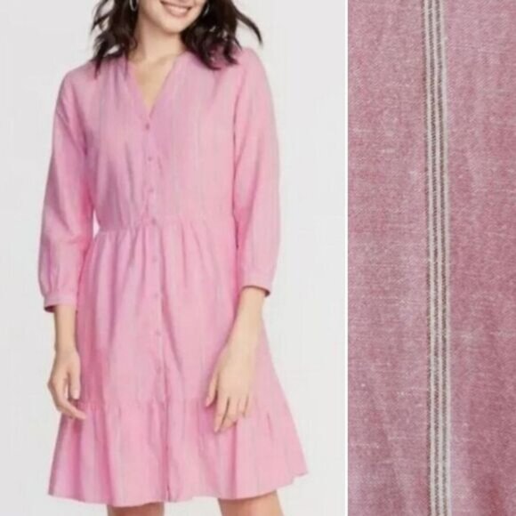 OLD NAVY Button Down Long Sleeve Waist-Defined Mini Shirt Dress Stripe Pink Sz S - Picture 1 of 16